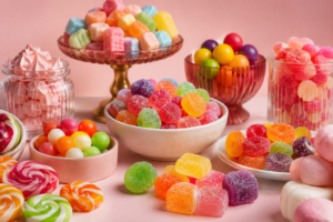 Colorful premium Candizi sweets displayed in an elegant modern confectionery
