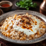 Traditional Turkish Cevurı dish served with fresh herbs, vegetables, and authentic Mediterranean side dishes
