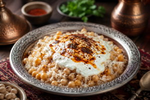 Traditional Turkish Cevurı dish served with fresh herbs, vegetables, and authentic Mediterranean side dishes