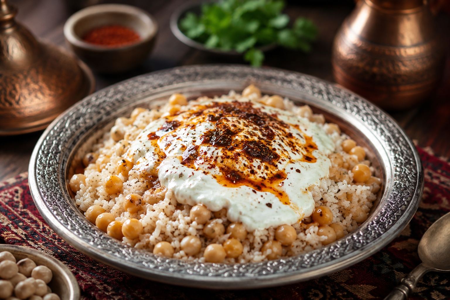 Traditional Turkish Cevurı dish served with fresh herbs, vegetables, and authentic Mediterranean side dishes